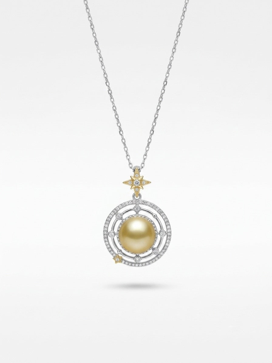 Golden South Sea pearl pendant inside sparkling orbit rings with a star bail, 925 sterling silver
