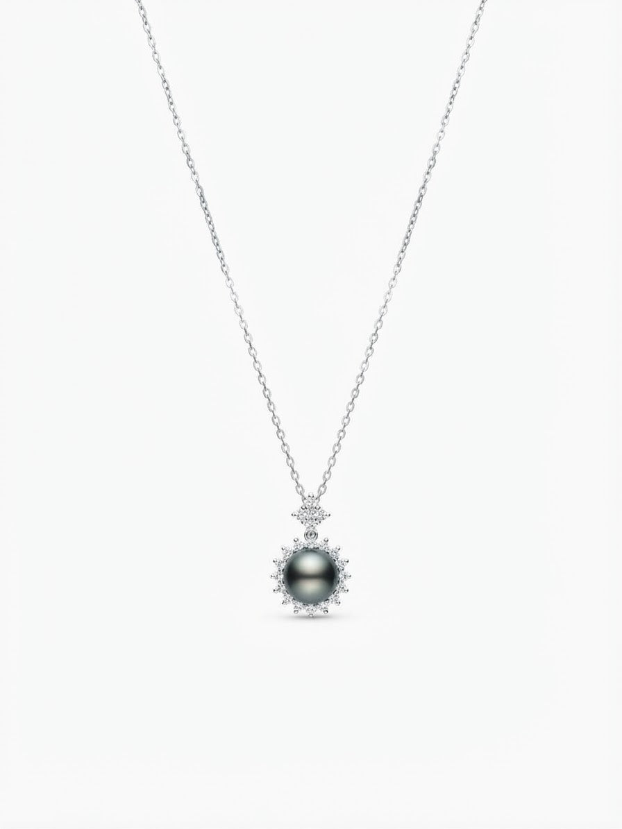 Tahitian pearl pendant with sparkling halo on a silver chain, white background
