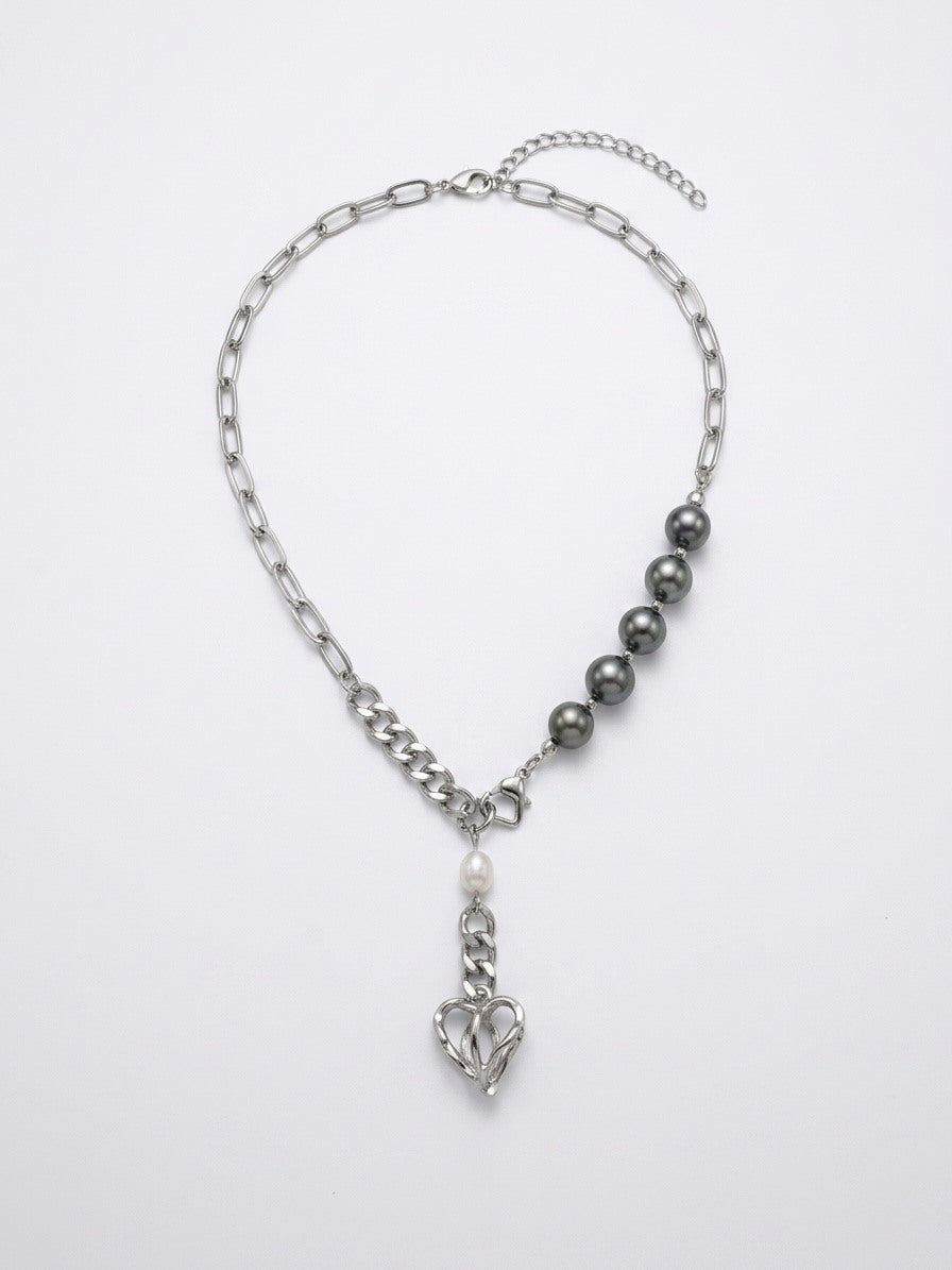 Tahitian pearl necklace with paperclip and curb chain, white pearl drop and heart pendant, full view