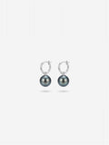 Tahitian pearl drop earrings on silver huggie hoops, white background