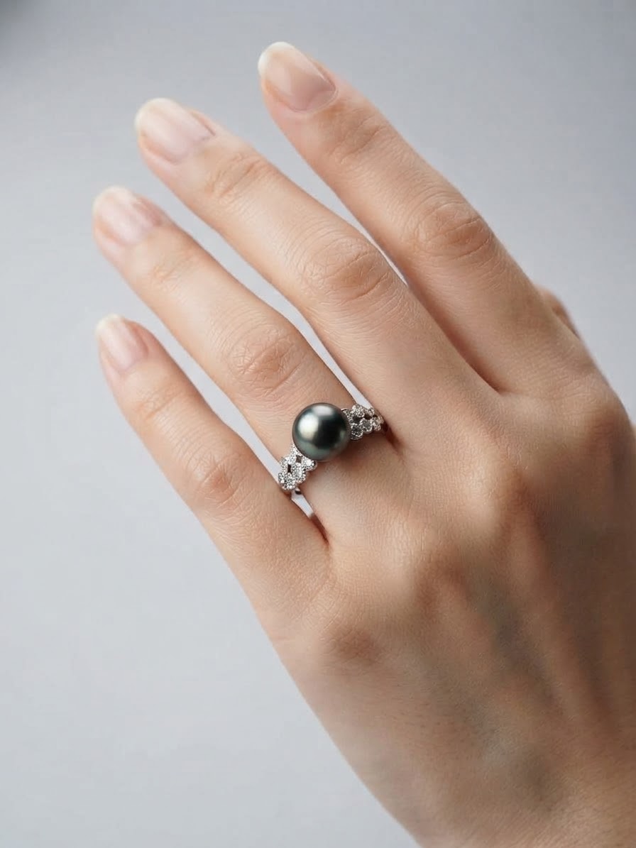 Tahitian pearl ring worn on the hand