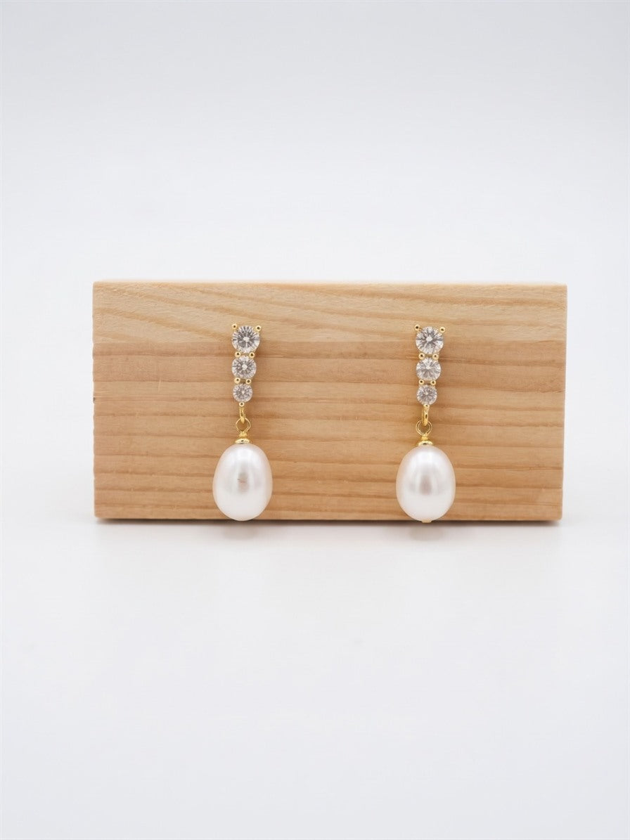Gold-tone three-stone drop earrings with teardrop freshwater pearls