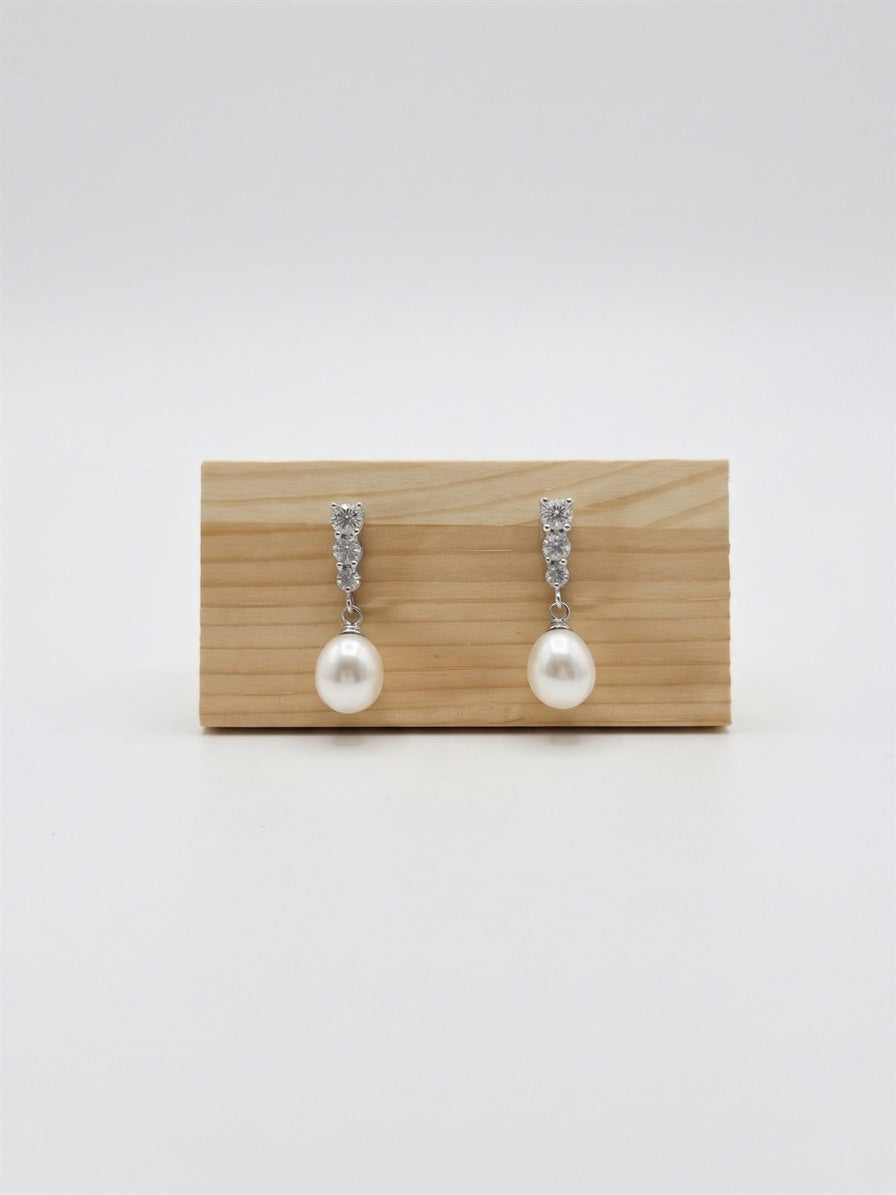 Silver-tone three-stone drop earrings with teardrop freshwater pearls