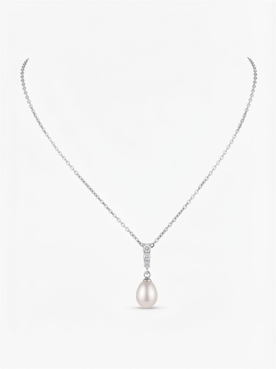 Silver-tone teardrop freshwater pearl pendant with three sparkling stones