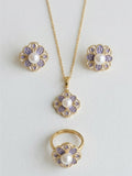 Violet enamel flower freshwater pearl set: pendant necklace, stud earrings and ring in gold tone