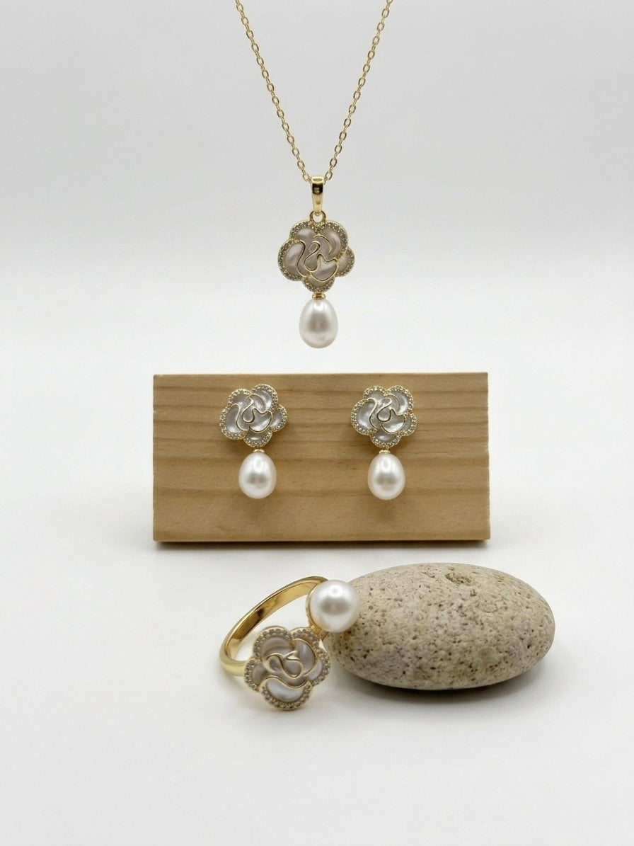 White flower freshwater pearl set: pendant necklace, drop earrings and open ring