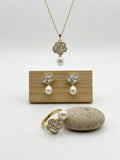 White flower freshwater pearl set: pendant necklace, drop earrings and open ring