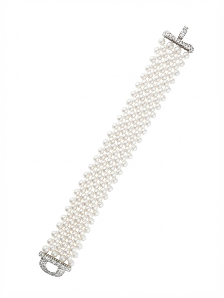 Woven freshwater pearl bracelet with sparkling clasp from the set on a white background